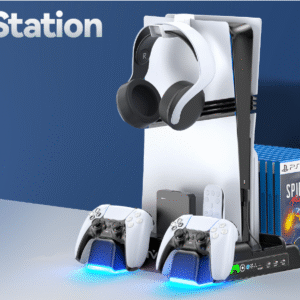 PS5/Slim/Pro Stand and Cooling Station with LED Controller Charging Station for PlayStation 5 Console, Controller Charger, Cooling Stand, PS5/Slim/Pro Accessories Kit with 3 Level Cooling Fan - Black