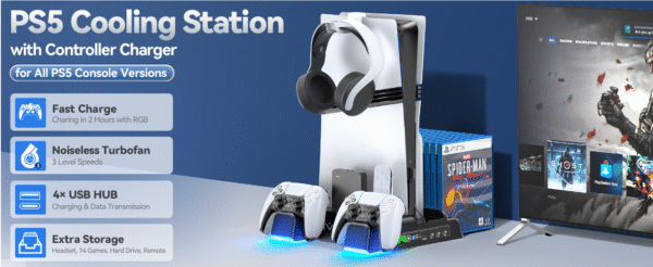 PS5/Slim/Pro Stand and Cooling Station with LED Controller Charging Station for PlayStation 5 Console, Controller Charger, Cooling Stand, PS5/Slim/Pro Accessories Kit with 3 Level Cooling Fan - Black
